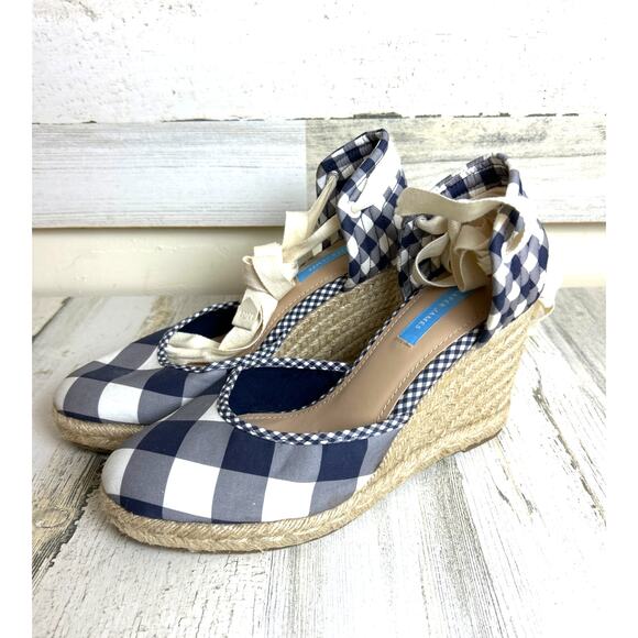Draper James Womens 9 Navy Blue White Gingham Wedge Espadrille Sandals Shoe NEW - Picture 2 of 10